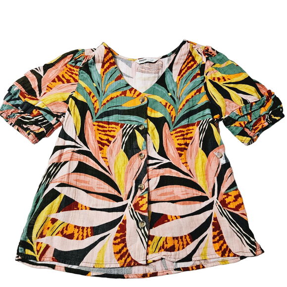 Sonoma Womens Button Up Blouse Multi-Color Size Medium 100% Cotton Short Sleeve - Picture 1 of 14